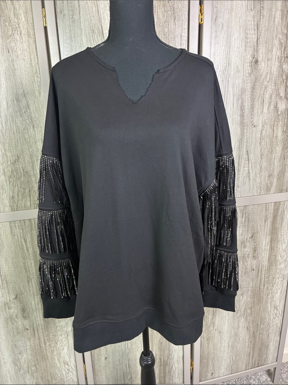 Jade By Jane Black Fringe Sleeve Top Women's XL